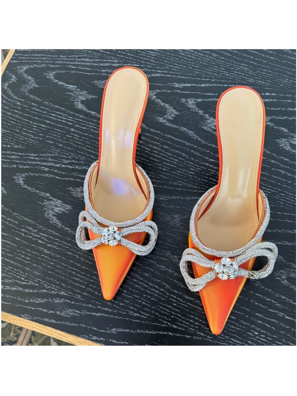 MACH & MACH Orange Pointed Bow Crystal Mules